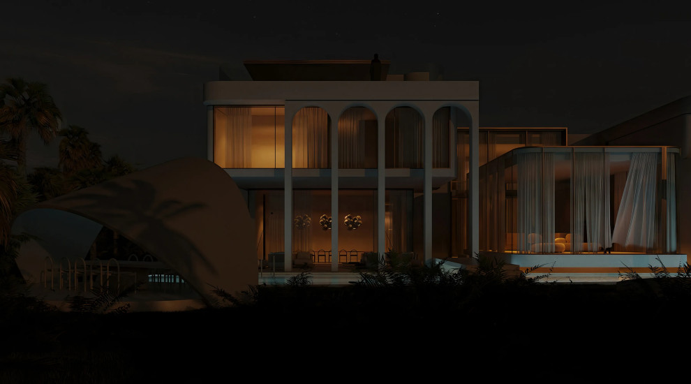 Immagine della villa ampia beige moderna a due piani