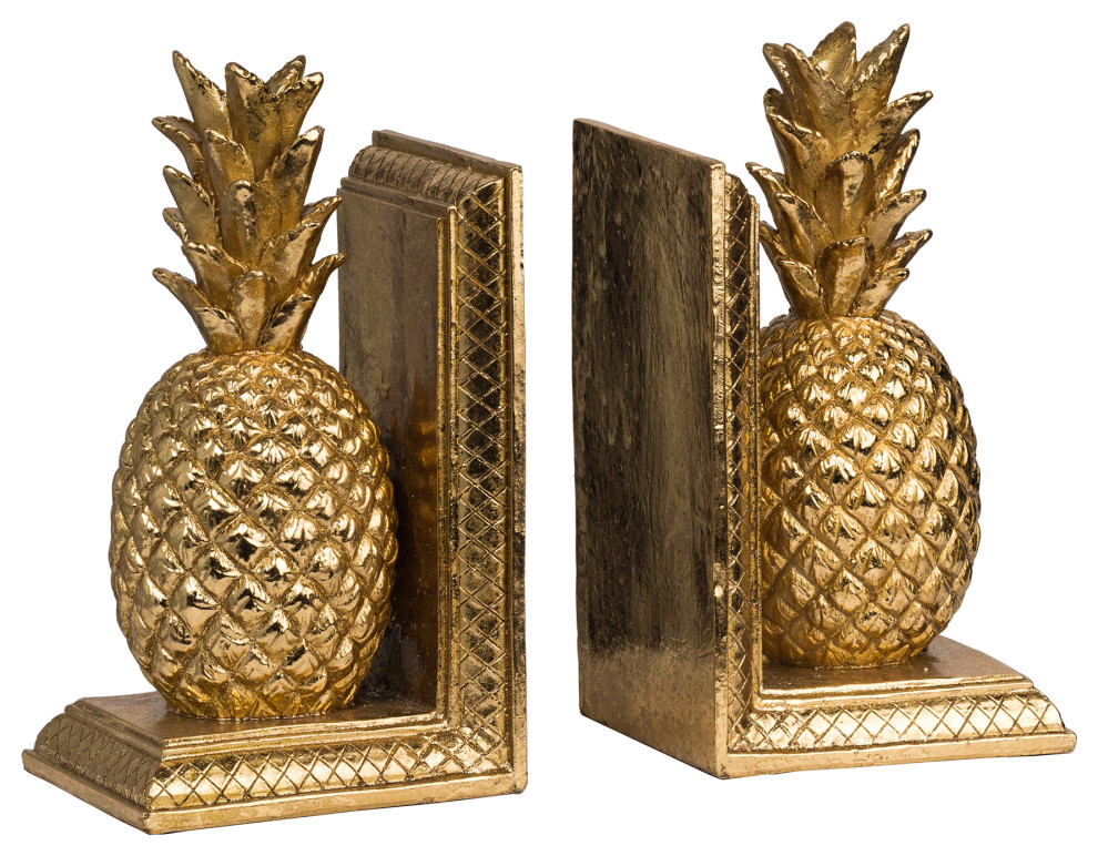 Benzara BM285570 10" Bookends, Pineapple Decorative Statuette, Gold Resin