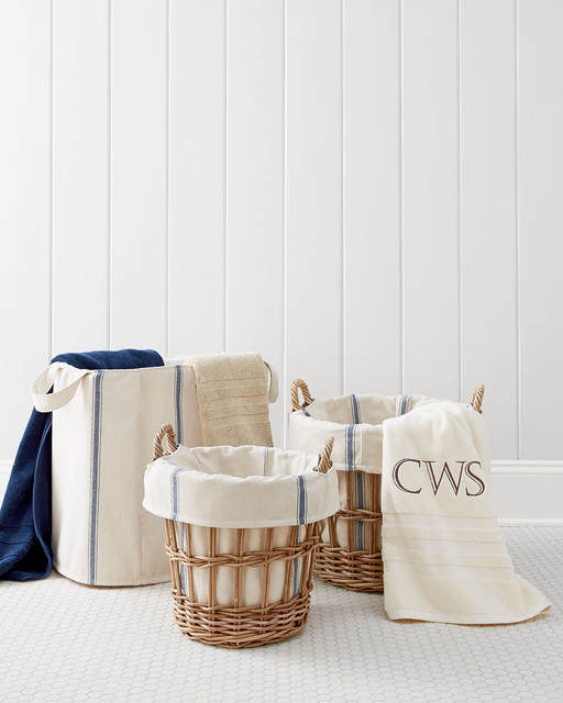 Small Wicker Laundry Basket with Bryn Liner WHITE/BLUE STRIPE Contemporary Laundry Baskets