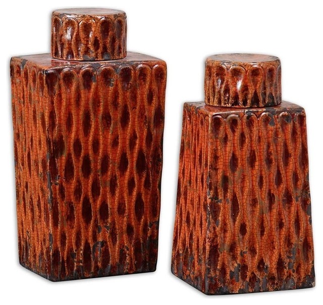 Tuscan St/2 Ceramic Vase Urns Distressed Removable Lids Rustic