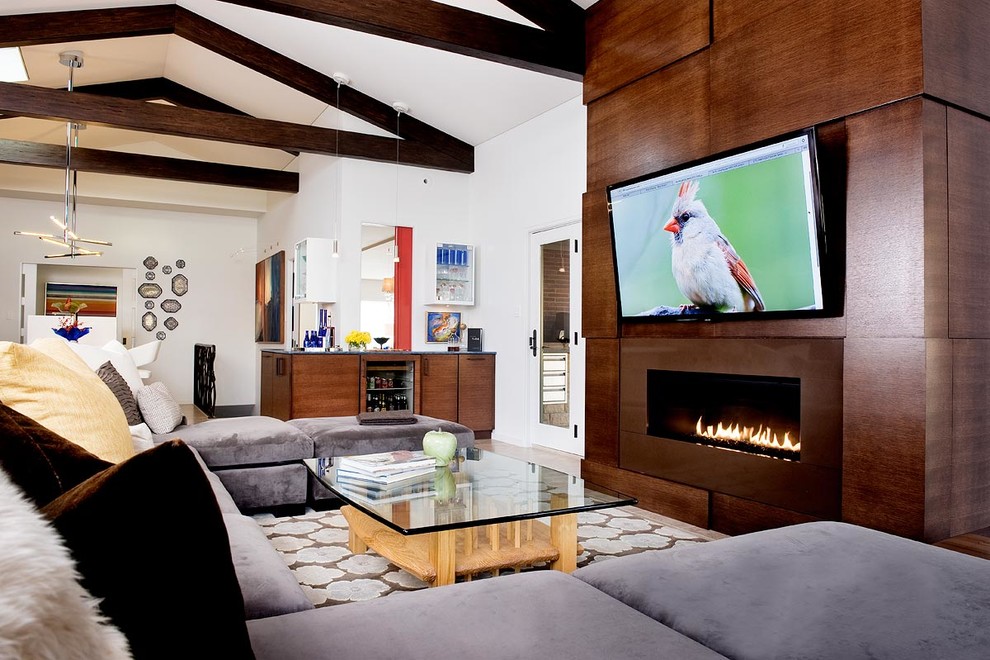 Design ideas for a contemporary open concept living room in Other with white walls, a ribbon fireplace and a wall-mounted tv.