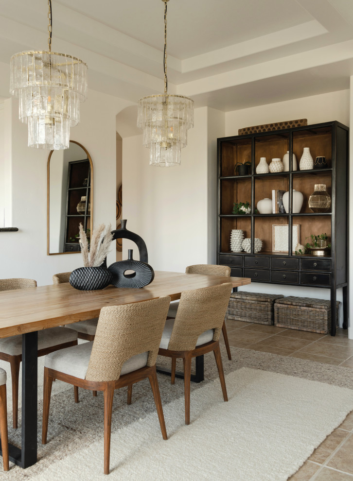 Transitional beige floor and tray ceiling dining room photo in San Luis Obispo with white walls