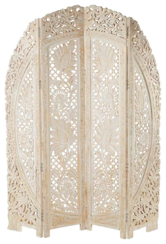 IN STOCK Arched Top Distressed White Wood Carved Room Divider, 60" X