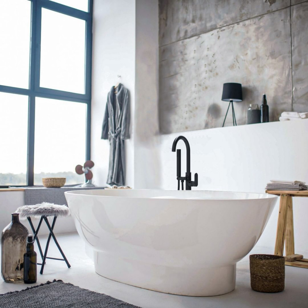 Design ideas for a large modern master bathroom in Marseille with a drop-in tub, gray tile, metal tile, grey walls, plywood floors, white floor and wood.