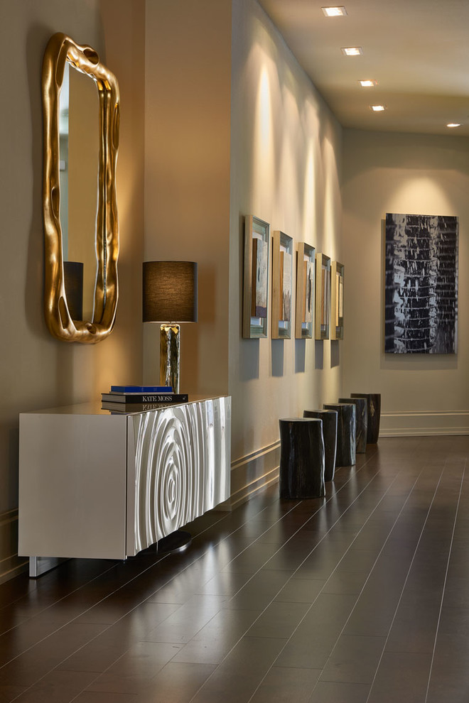 Inspiration for a contemporary entry hall in Orlando with beige walls and dark hardwood floors.