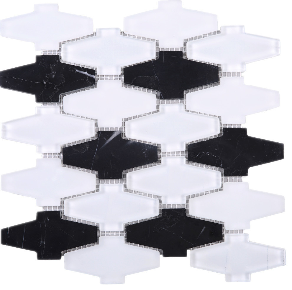 Crossroads Glass Mosaic Tile Sheet, White and Black, Sample