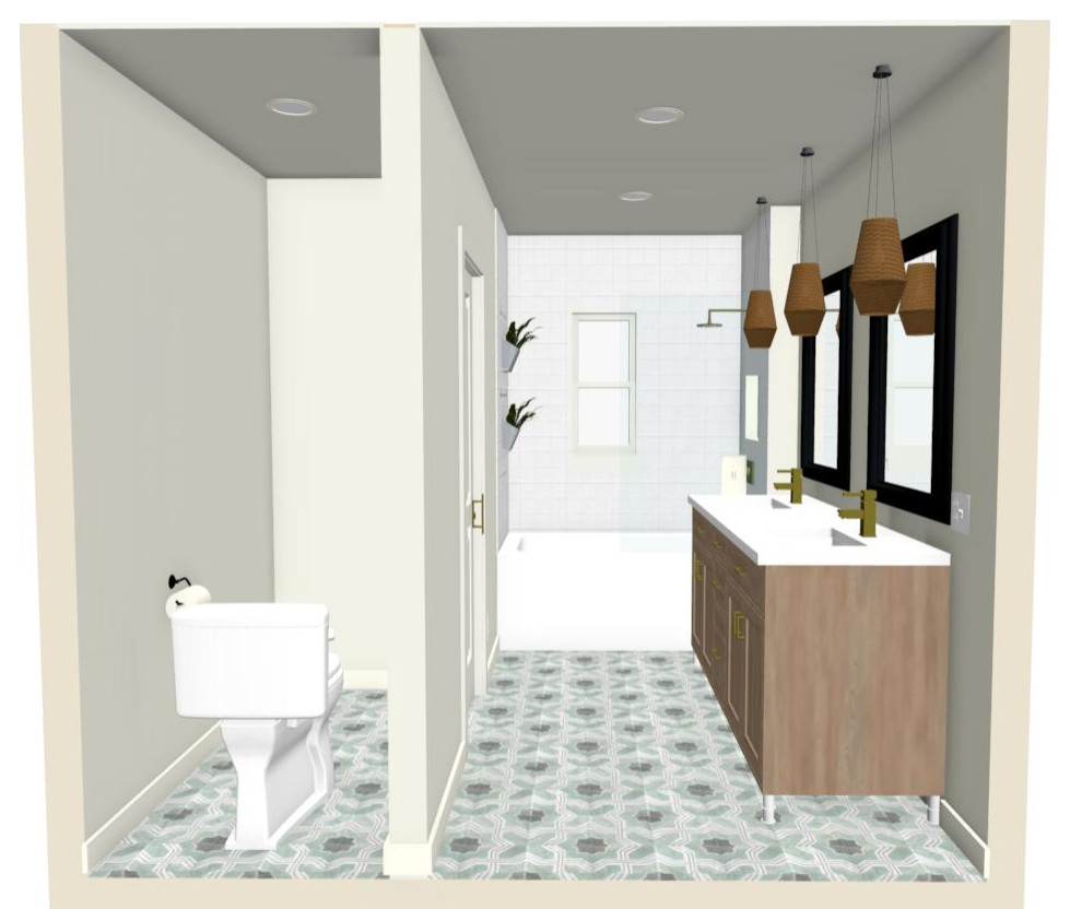 Example of a mid-sized trendy white tile and ceramic tile porcelain tile, multicolored floor and double-sink bathroom design in San Francisco with flat-panel cabinets, brown cabinets, a one-piece toilet, white walls, an undermount sink, solid surface countertops, a hinged shower door, white countertops and a freestanding vanity