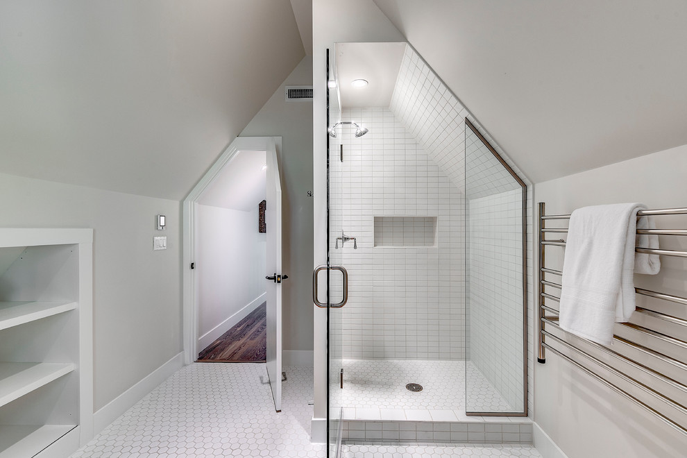 Design ideas for a large country 3/4 bathroom in Seattle with shaker cabinets, white cabinets, an undermount tub, an alcove shower, a one-piece toilet, white walls, mosaic tile floors, an undermount sink, soapstone benchtops, white floor, a hinged shower door and grey benchtops.