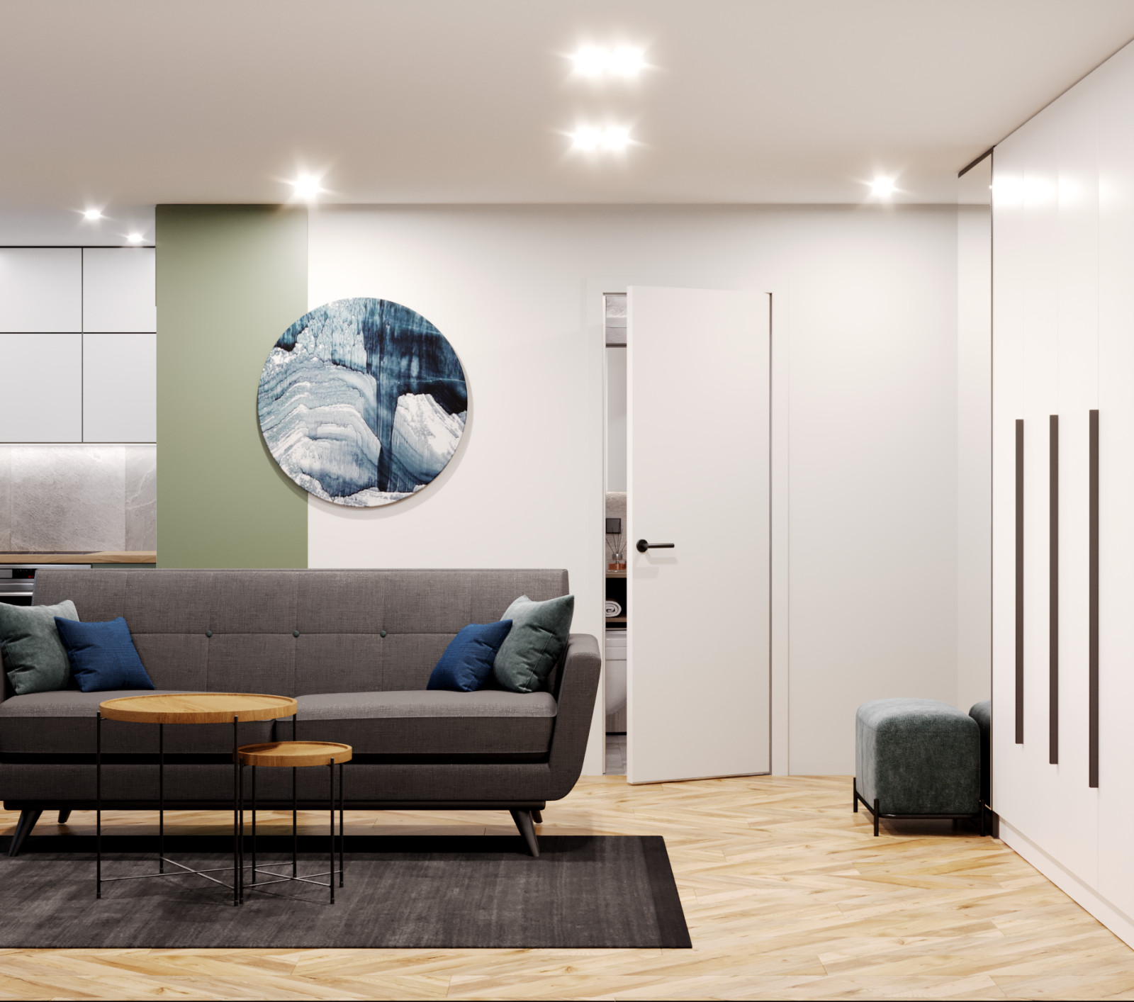 Гостиная, совмещённая с кухней, в природных тонах