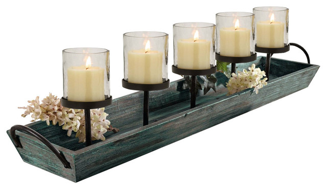 27 5 Rustic Wood Centerpiece Tray With Five Metal Candle Holders 6 27 5 Rustic Wood Centerpiece Tray With Five Metal Candle Holders 6 Piece Set