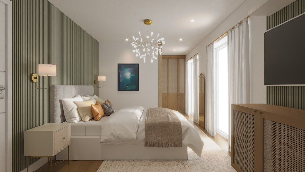 Mittelgroßes Modernes Hauptschlafzimmer ohne Kamin mit grüner Wandfarbe, hellem Holzboden und Wandpaneelen in München