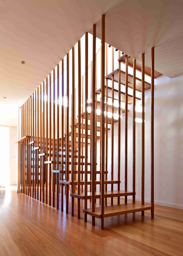 Large contemporary wood floating staircase in Sydney with open risers.