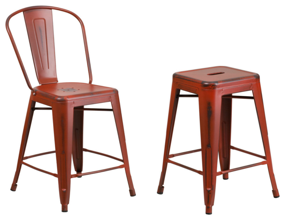 24'' High Red Metal Counter Height Stool With Back And Counter Height