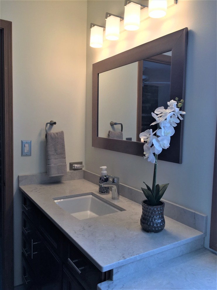 Home design - mid-sized transitional master porcelain tile and gray floor home design idea in Chicago with recessed-panel cabinets, dark wood cabinets, beige walls, an undermount sink and quartz countertops