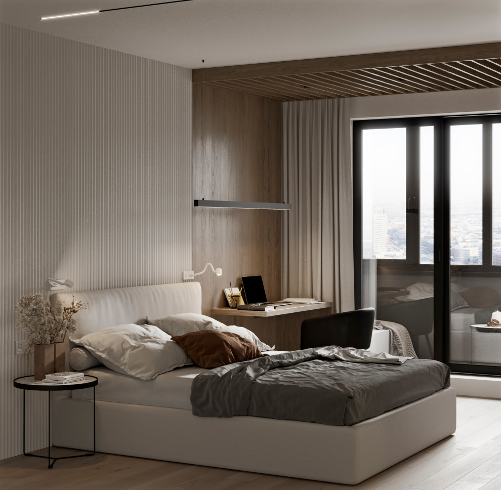 Diseño de dormitorio principal y blanco y madera minimalista de tamaño medio con paredes blancas, suelo de madera en tonos medios, suelo beige y con escritorio