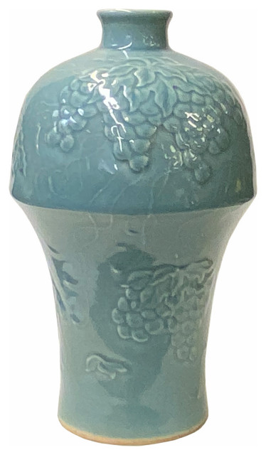 Handmade Oriental Pastel Blue Porcelain Vase with Grapes Motif Hws1831