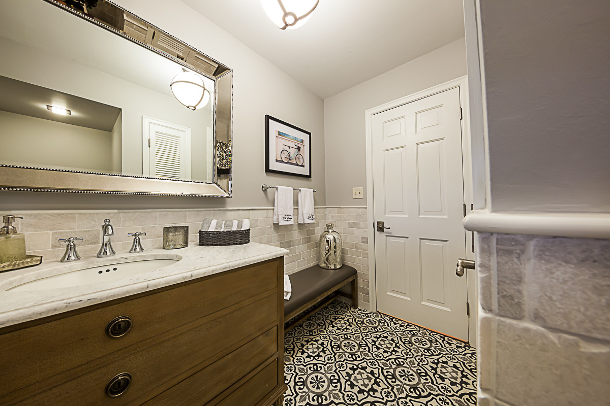 Casually cool cement tile bathroom