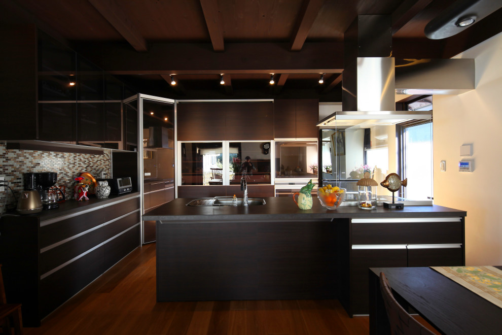 Large asian separate kitchen in Other with dark hardwood floors and wood.