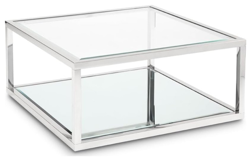 Modern Coffee Table, Silver Stainless Steel Frame With Mirror Shelf & Glass Top