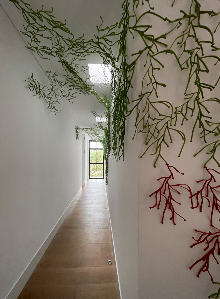 Photo of a large tropical hallway in Other with white walls, medium hardwood floors and brown floor.