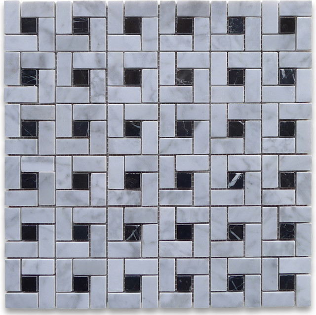 Carrara White Target Pinwheel Mosaic Tile Black Dots Polished -Marble from Italy