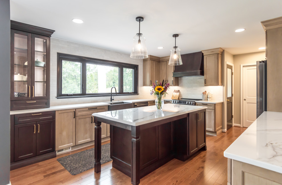 Two‑Tone Transitional Kitchen with Marble Island