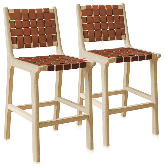 Woven Counter Stools 24" Set of 2, Boho Faux Leather Bar Stools Modern Bar Stools And
