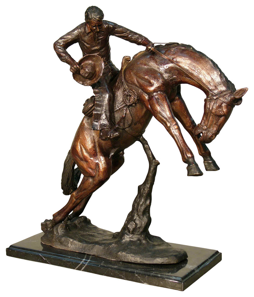 Remington Design, "Bucking Bronco" Bronze Sculpture With Marble Base