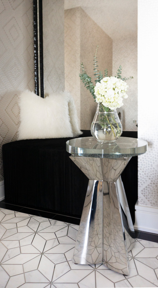 Entry hall - mid-sized transitional marble floor, white floor and wallpaper entry hall idea in Chicago with gray walls