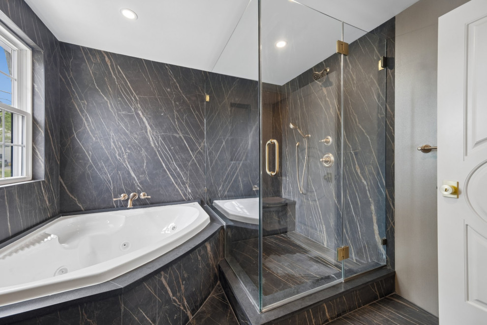 Corner Soaking Tub in Black Marble Bath, Teaneck, NJ