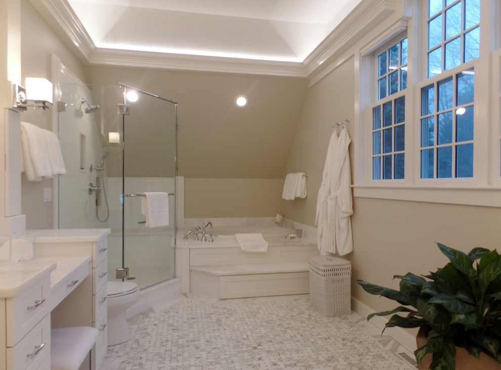 Example of a large transitional master white tile mosaic tile floor, white floor, double-sink and vaulted ceiling drop-in bathtub design in Boston with furniture-like cabinets, white cabinets, beige walls, an undermount sink, quartzite countertops, a hinged shower door, white countertops and a built-in vanity
