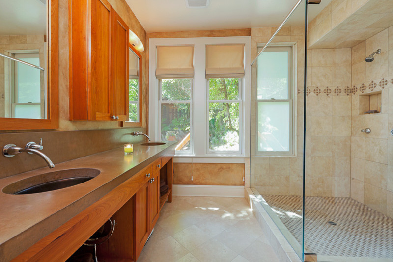 Double shower - large transitional master white floor double shower idea in Denver with recessed-panel cabinets, medium tone wood cabinets, beige walls, an undermount sink and a hinged shower door