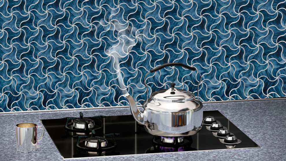 Small modern u-shaped separate kitchen in Gold Coast - Tweed with blue splashback, a single-bowl sink, white cabinets, granite benchtops, porcelain floors, no island, white floor, grey benchtop, open cabinets, glass tile splashback and white appliances.