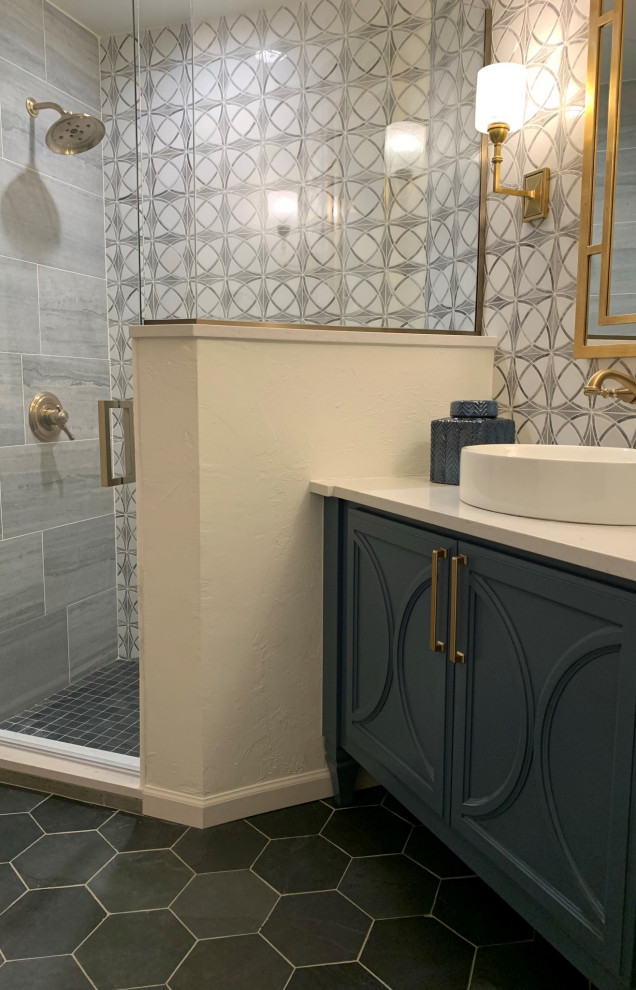 This is an example of a medium sized traditional shower room bathroom in Oklahoma City with blue cabinets, marble tiles, white walls, slate flooring, a vessel sink, engineered stone worktops, black floors, a hinged door, white worktops, a single sink and a built in vanity unit.