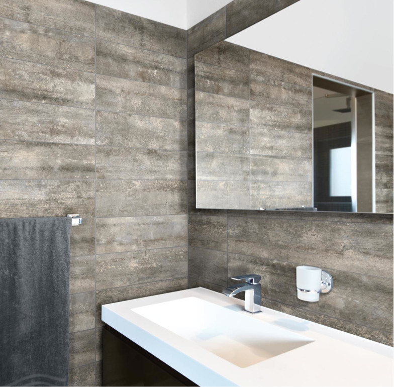 Design ideas for a contemporary master bathroom in New York with flat-panel cabinets, dark wood cabinets, a corner shower, brown walls and an integrated sink.