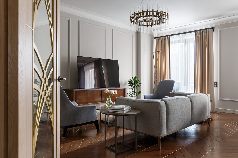 Inspiration for a mid-sized contemporary formal open concept living room in Moscow with grey walls, dark hardwood floors, a freestanding tv and brown floor.