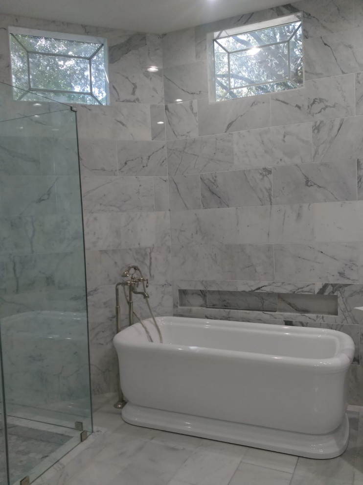 Mid-sized master white tile and cement tile ceramic tile, white floor, single-sink and coffered ceiling bathroom photo in Houston with shaker cabinets, white cabinets, a one-piece toilet, white walls, a console sink, marble countertops, white countertops and a built-in vanity