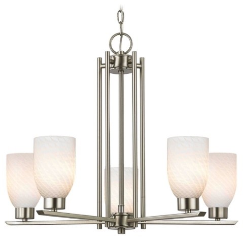 Chandelier with White Glass in Satin Nickel - 5-Lights