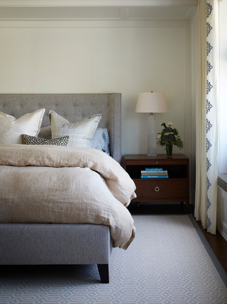 Inspiration for a large transitional master dark wood floor and brown floor bedroom remodel in Chicago with white walls