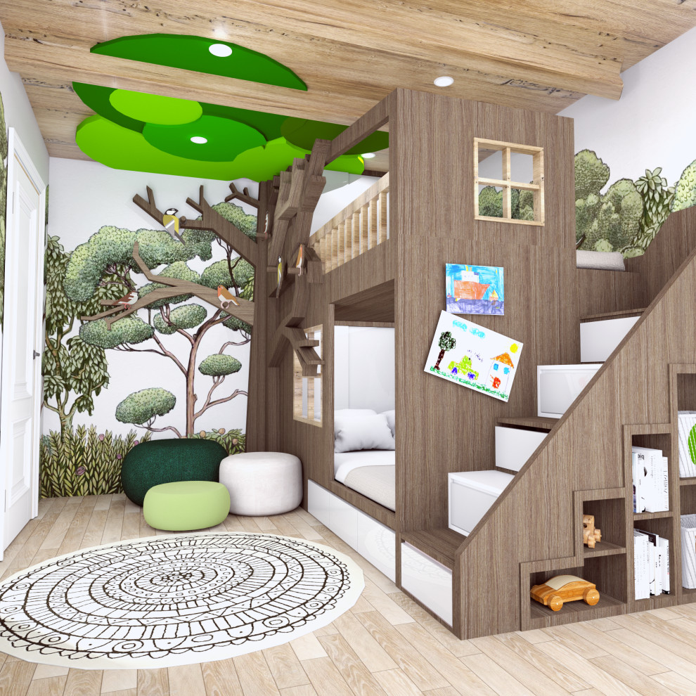 Photo of a mid-sized modern gender-neutral kids' bedroom for kids 4-10 years old in Kent with multi-coloured walls, medium hardwood floors, beige floor, wood and wallpaper.