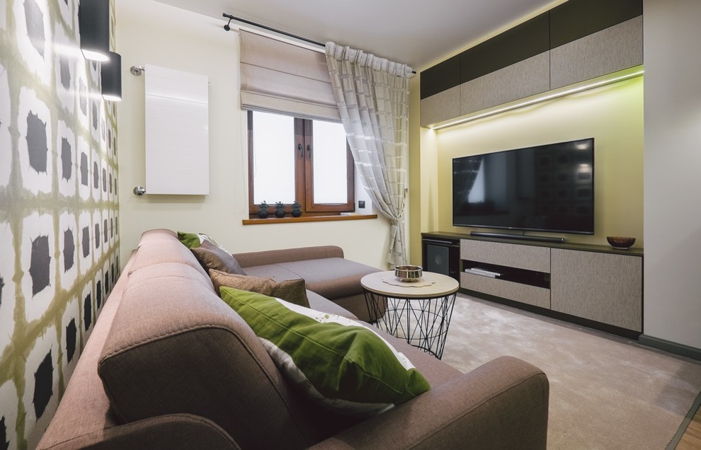 Inspiration for a small modern formal and enclosed light wood floor home design remodel with multicolored walls, no fireplace and a tv stand