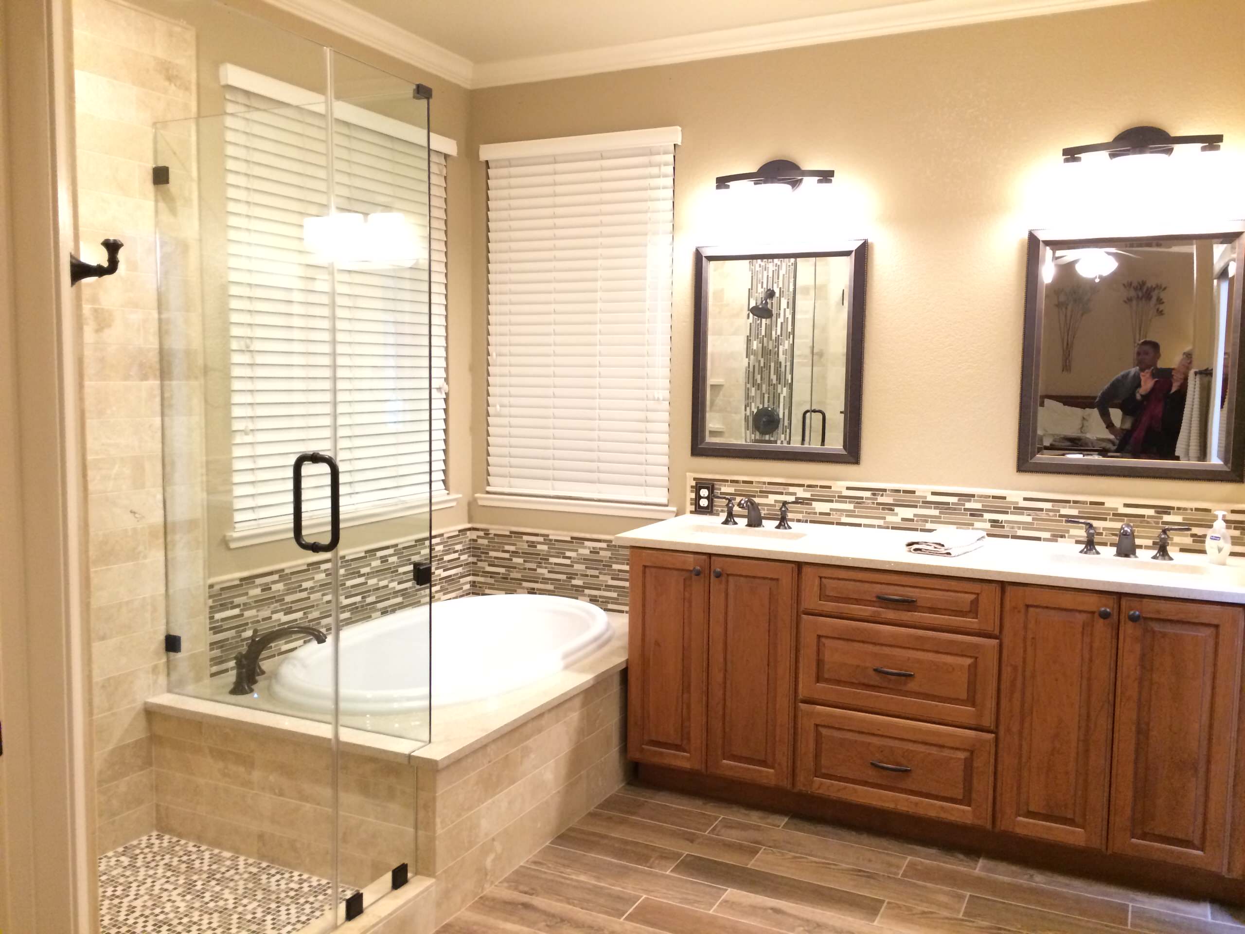 TRADITIONAL CHERRY CABINETS BY SCHULER, CUSTOM SHOWER & DROP IN TUB