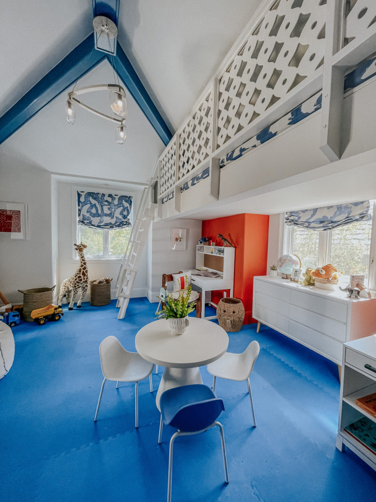 Idéer för eklektiska pojkrum kombinerat med lekrum och för 4-10-åringar, med orange väggar och blått golv