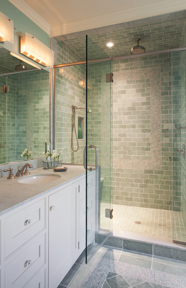 Mid-sized transitional master bathroom in Boston with recessed-panel cabinets, white cabinets, green walls, porcelain floors, an undermount sink, a corner shower, green tile, subway tile and granite benchtops.