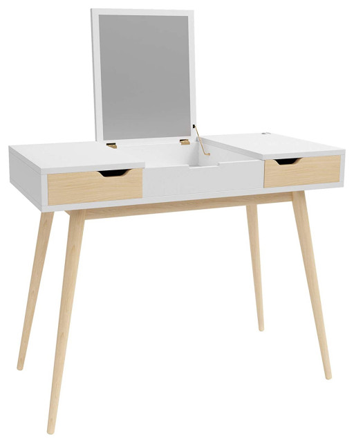 Mid Century Modern Vanity Console With Hinged Mirror, White and Natural