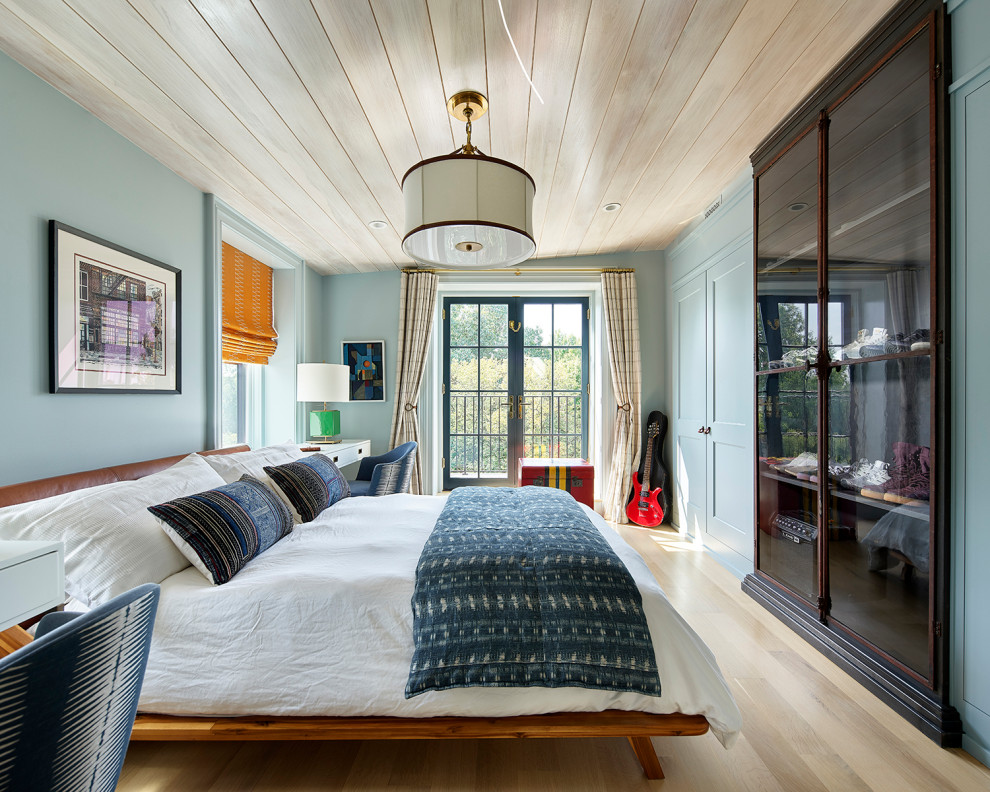 Delancey - Teen Bedroom - Kids' bedroom - bedroom modern boy light wood floor, brown floor and wood ceiling kids' bedroom idea in Philadelphia with blue walls