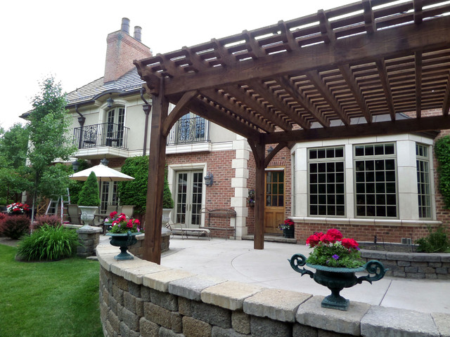 Traditional Home Adds Comfortable Timber Frame Pergola Shade american-traditional-patio