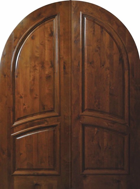 Slab Front Double Door 96 Wood Knotty Alder 2 Panel Round Top Solid