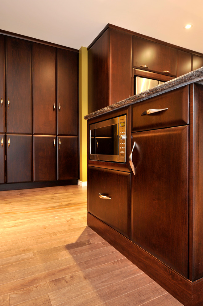 Transitional dark wood floor kitchen photo in Toronto with a double-bowl sink, flat-panel cabinets, dark wood cabinets, granite countertops, mirror backsplash, stainless steel appliances and an island
