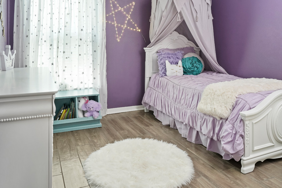 Design ideas for a small contemporary bedroom in Jacksonville with purple walls, ceramic floors, no fireplace and multi-coloured floor.